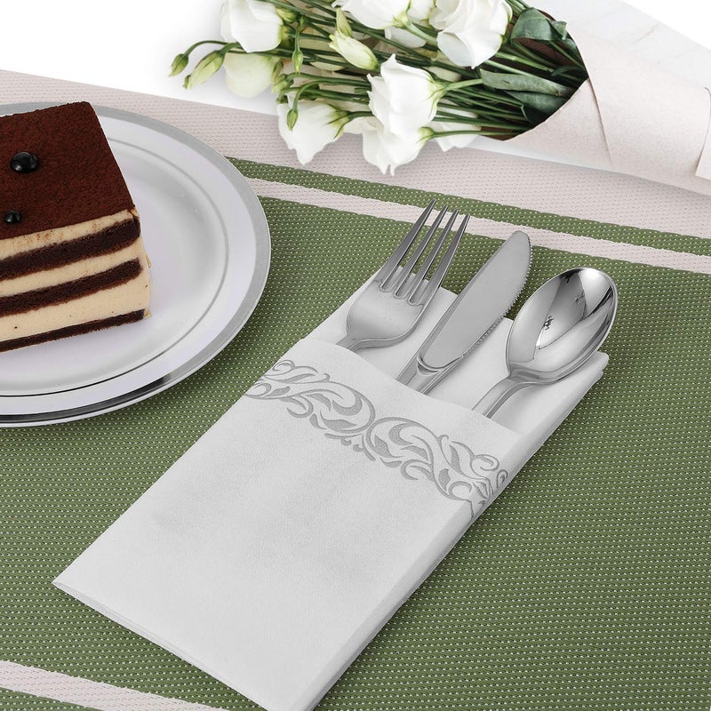 FOCUSLINE 200 Linen Feel Disposable Bathroom Napkins, Soft and Absorbent Paper Guest Towels, Cloth-Like Paper Hand Towels Decorative Napkins for Parties, Weddings, Dinners or Events, Silver, 12" x 17" - Image 3